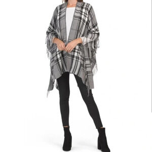 Zighilli Fringe Tartan Ruana Black/White Plaid Size O/S